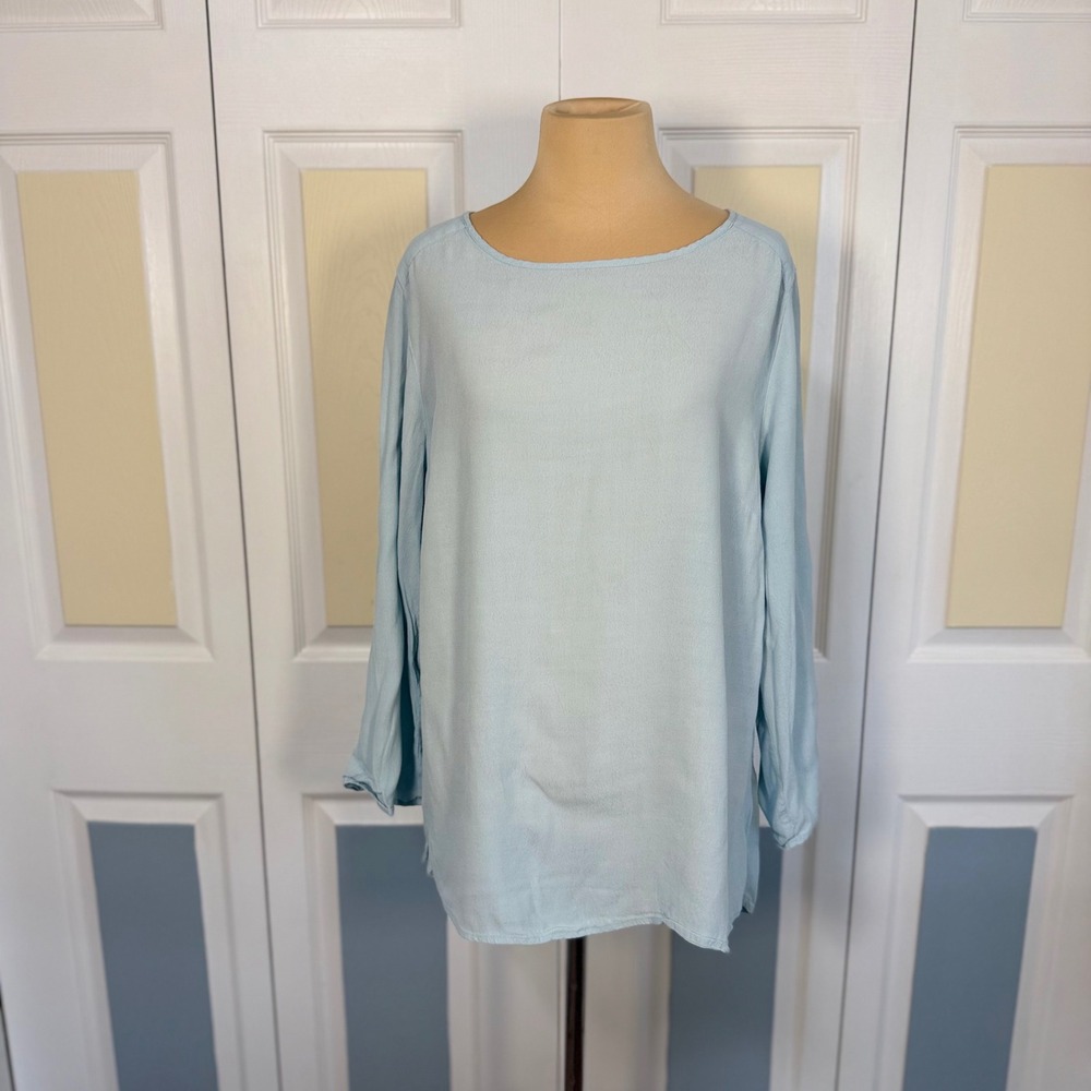 Soft Surroundings Women Light Blue Textured Rayon Tunic Blouse Long Sleeve Large
